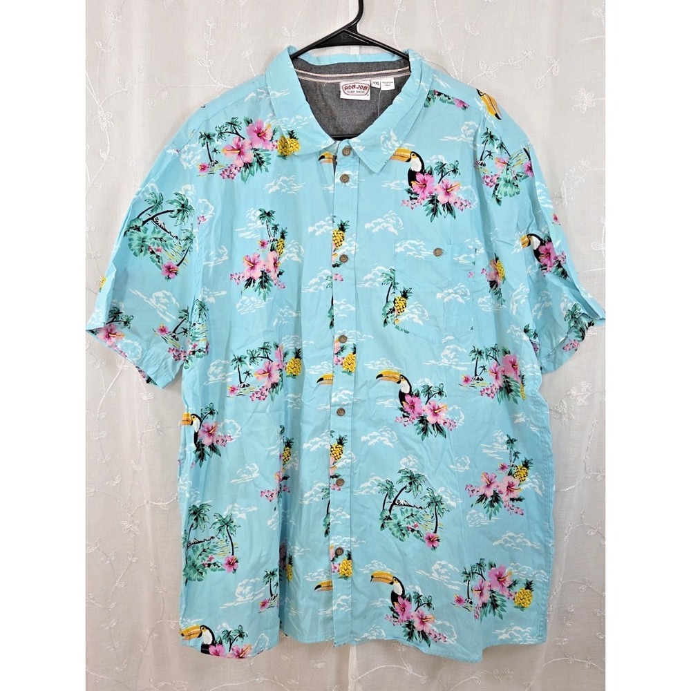 Ron Jon Surf Shop Teal Blue Hawaiian Shirt Tropical Toucan NWT